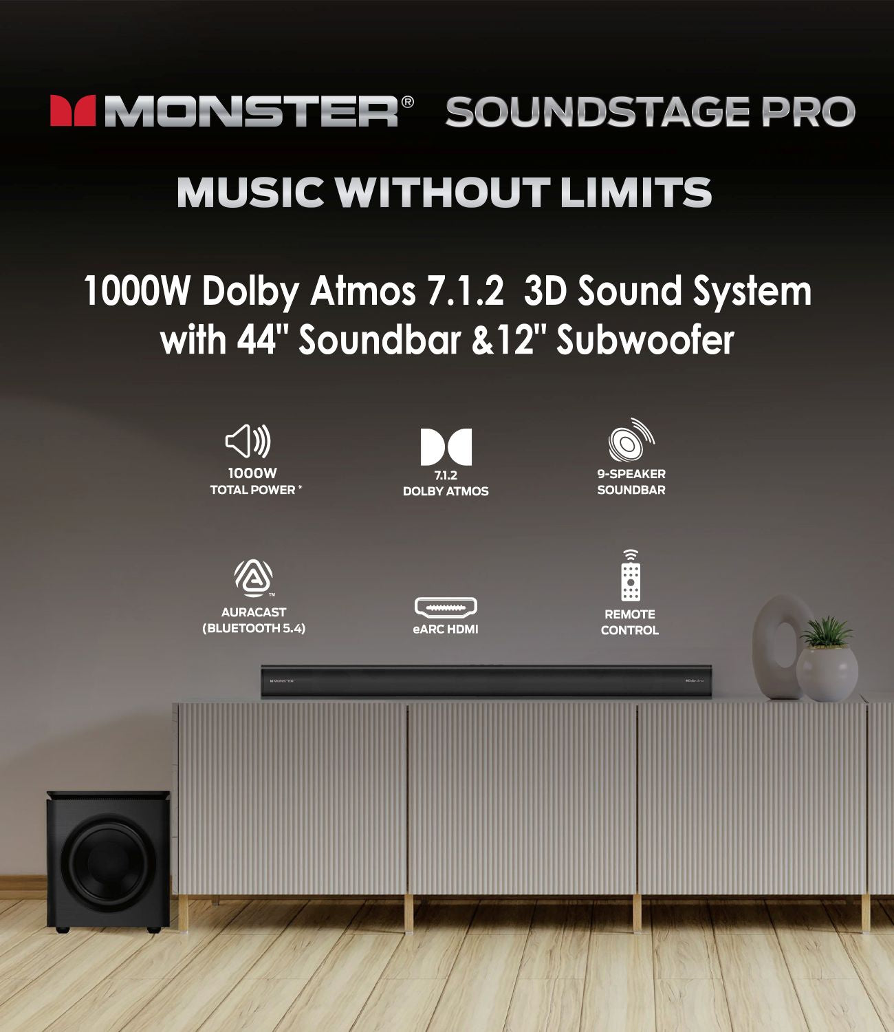 Monster 44" Dolby ATMOS Soundbar with 12" Sub